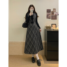 批发实拍大码女装秋冬法式复古高级感打底加格纹呢子背心<b class='q'>连衣裙</b>两件套