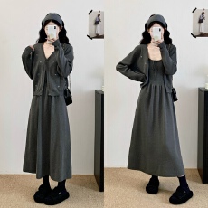 批发实拍大码女装秋冬外套搭吊带裙子刺绣针织套装两件套<b class='q'>连衣裙</b>