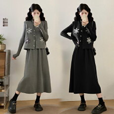 批发实拍大码女装重工洋气提花立体花朵<b class='q'>针织</b>毛衣开衫加显瘦打底两件套