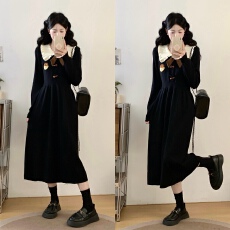 批发实拍大码女装秋冬娃娃领学院风撞色减龄毛衣显瘦长袖连衣裙