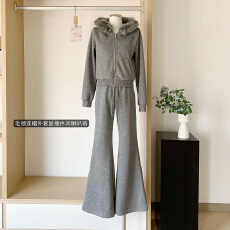 批发何晨曦  一整套ootd<b class='q'>秋</b>季穿搭套装毛领连帽外套修身显瘦休闲喇叭裤