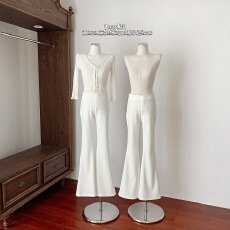 批发【韩女裤】燕麦白色 420g高克重针织双面乱麻加绒高腰喇叭西装裤