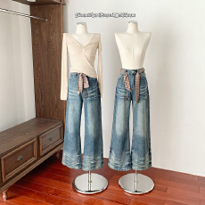 折痕美式水洗牛仔裤女秋冬新款加绒宽松直筒阔腿裤