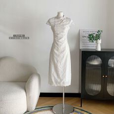 批发火火火月白竹瑶新中式条纹改良旗袍女碎花夏季花瓣袖连衣裙