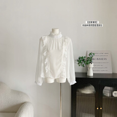 批发titi小姐姐【白茶清欢】长袖衬衫女春夏白色半高领宽松气质雪纺衫