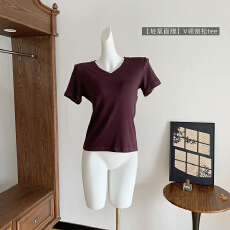 批发titi小姐姐【轻氧面膜】短袖T恤女夏季松弛感薄款透气V领亚麻上衣