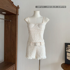 批发Chill巧儿甜梦法则立体提花<b class='q'>蕾丝</b>露背吊带背心修身<b class='q'>短裤</b>两件套