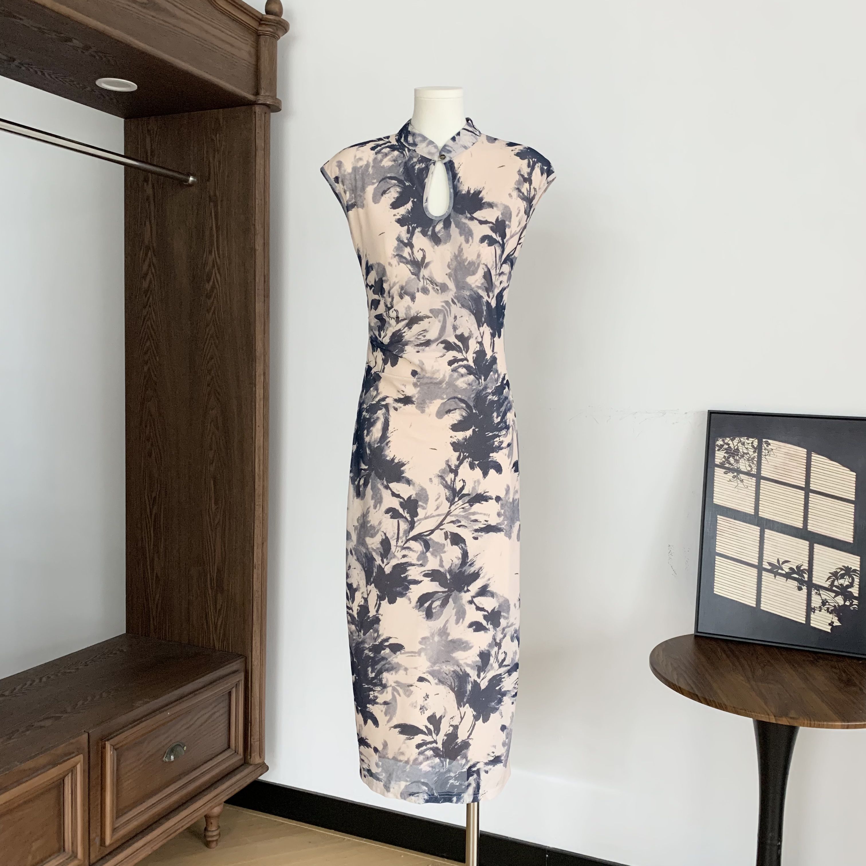 fart shop 강남 수묵화 물방울 홀로우 아웃 프린트 망사 동양의 라임 여성 봄 여름 민소매 치파오