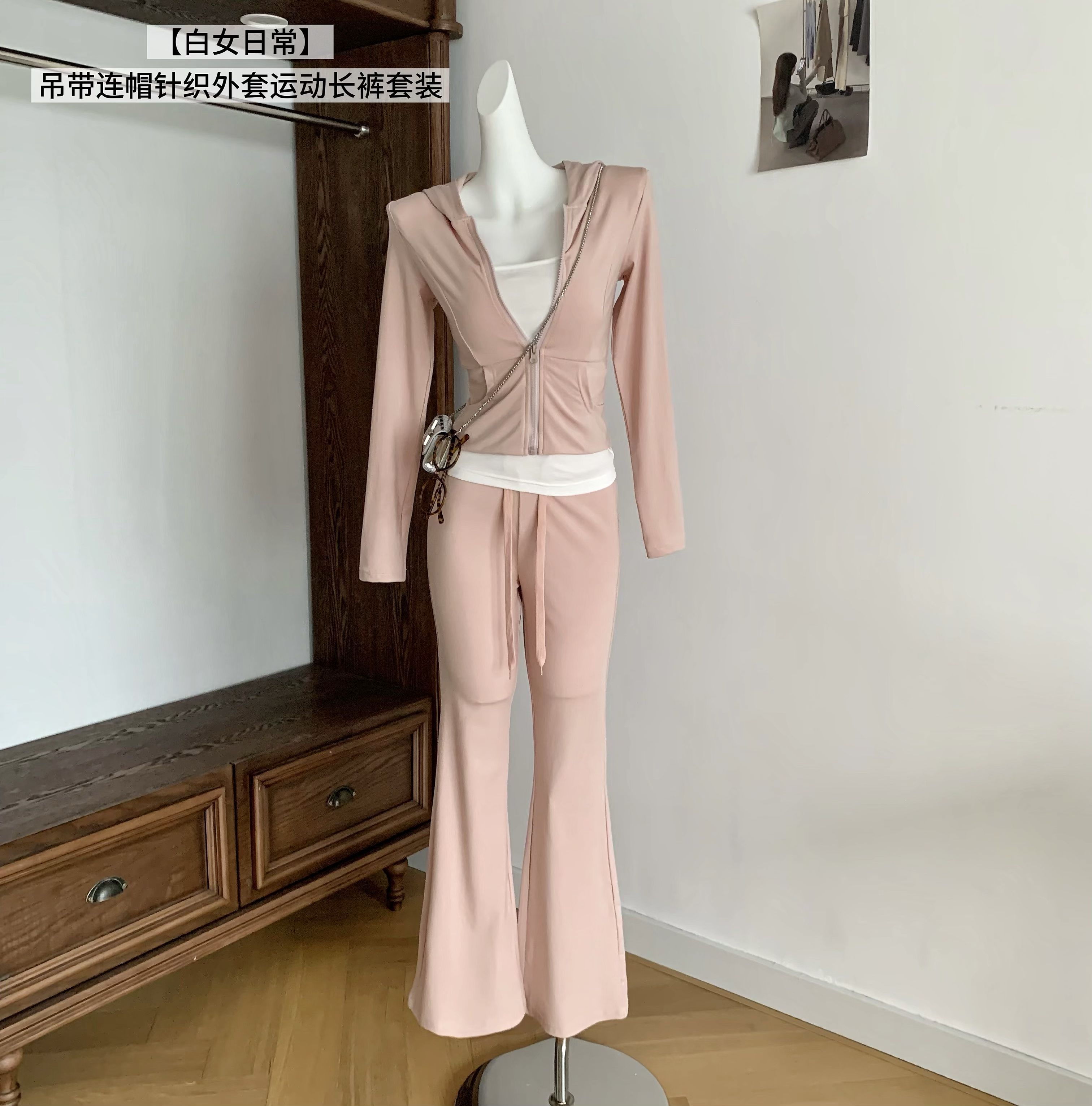 한 비 지아 화이트 여성 일상 두꺼운 가슴 패드 슬립 후드 니트 재킷 운동 긴 바지 세트