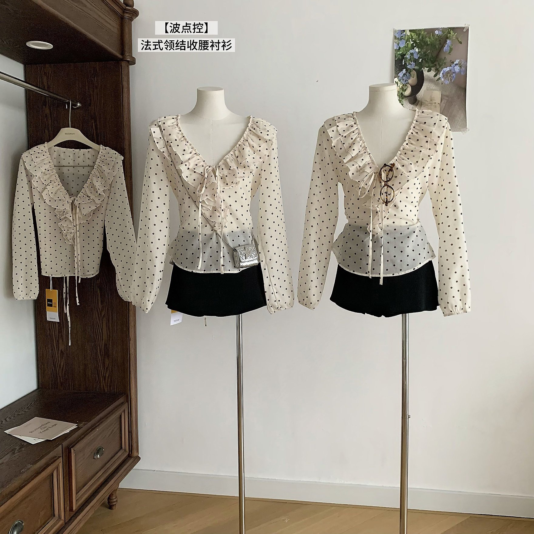fart shop 도트 무늬 통제 라이 경기 서울 아마 프랑스식 나비 넥타이 여성 셔츠 봄 여름 허리 수축 맨위