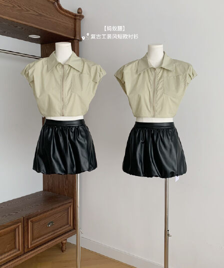 cher 챠오어 개미 허리 레트로 워크웨어 바람 쇼트 스타일 여성 셔츠 여름 캐주얼 거품 소매 재킷 맨위