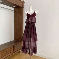 批发JAYKY YANG【迷迭暗香】手工编织<b class='q'>吊带</b><b class='q'>背心</b>多层抽皱<b class='q'>长款</b>半身裙套装