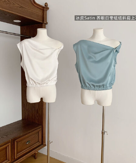안녕하세요. 팬 팬 얼음 가죽 satin 눈길을 끄는 일상 네클라인 플리츠 새틴 조끼 매듭 비스듬한 어깨 의류