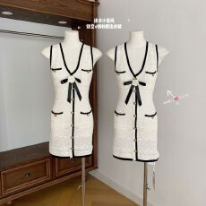 批发ORG 1oo%棉象牙白针织法式小香风镂空蝴蝶结V领收腰无袖连衣裙