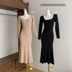 批发5werkwen 知性女神裙 <b class='q'>桑蚕丝</b>羊毛坑条显瘦方圆领鱼尾针织<b class='q'>连衣裙</b>