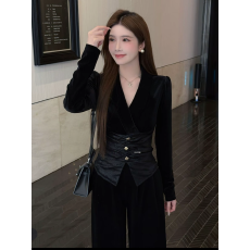 批发雾中芭蕾V领<b class='q'>丝绒</b>拼接纽扣显瘦上衣直筒加绒裤<b class='q'>套装</b>