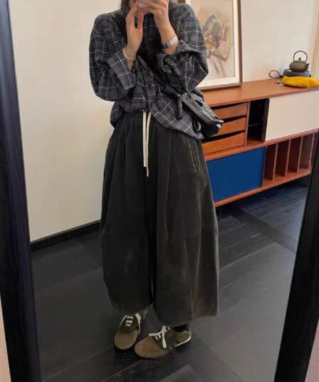 유럽어 버전 패션 코듀로이 캐주얼 바지 2025 가을 겨울 새로운 루즈핏 캐주얼 다용도 허리밴드 8 점 와이드 레그 팬츠