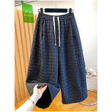 批发韩系夹棉格纹阔腿裤女<b class='q'>冬</b>2025新款小个子宽松慵懒风休闲裤