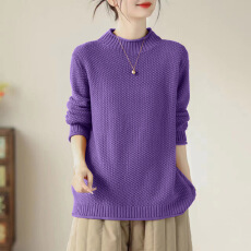 批发实拍 半高领纯棉线毛衣女宽松大码遮肉秋<b class='q'>冬</b>休闲百搭套头针织线衣