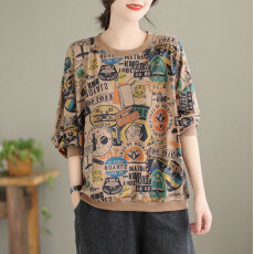 批发实拍 文艺复古<b class='q'>针织</b>长袖T恤女秋民族风印花休闲显瘦套头打底衫<b class='q'>上衣</b>