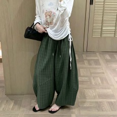 批发格纹撞色阔腿裤女2026秋季新款松紧腰抽绳气球裤休闲长裤