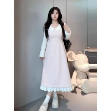 批发大码韩系假两件连衣裙女秋冬微胖mm学院风<b class='q'>甜美</b>收腰显瘦长裙