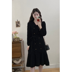 批发实拍~大码胖mm秋冬新款法式复古大<b class='q'>翻领</b>系带收腰显瘦a字气质连衣裙