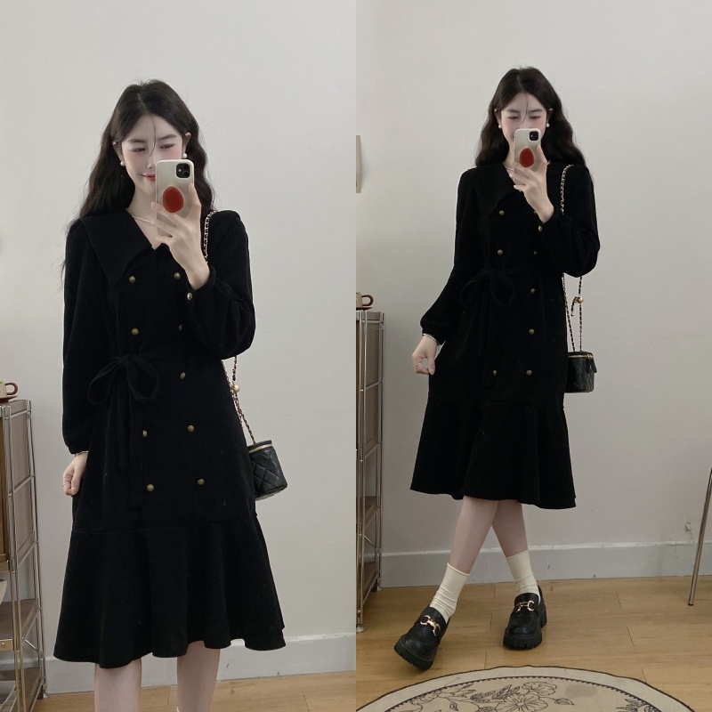 실사 빅 사이즈 지방 mm 새로운 프랑스식 레트로 빅 칼라 레이스업 허리 수축 슬림해 보이는 한 마디 품격 드레스