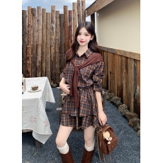 批发实拍~ 大码胖mm秋<b class='q'>冬</b>美拉德格纹假两件衬衫学院风收腰连衣裙