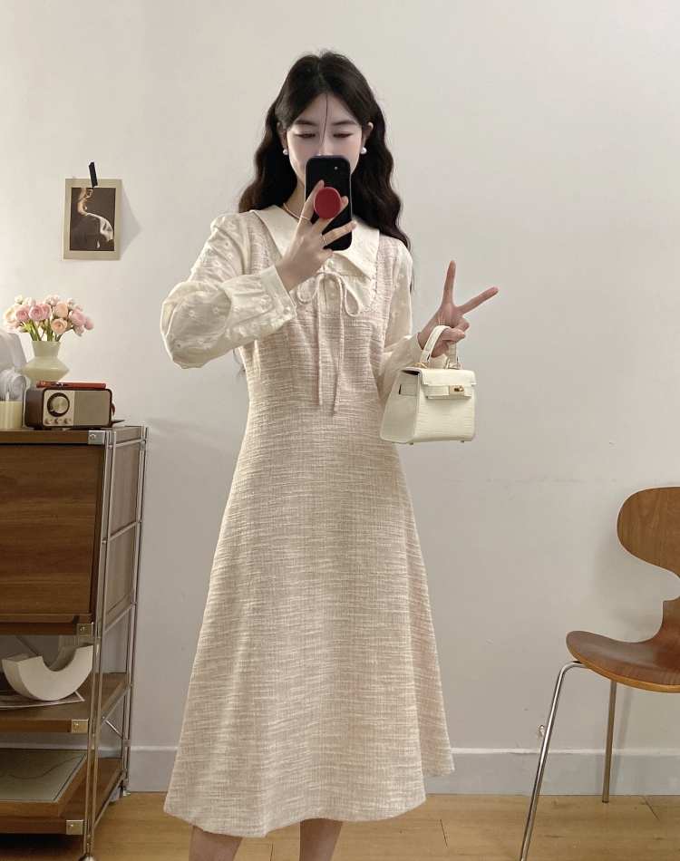 실사 빅 사이즈 지방 mm 2025 가을 새로운 긴팔 여성 드레스 디자인 센스 슬림해 보이는 연령 감소 중간 길이 스커트