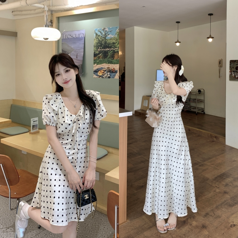 실사 프릴 거품 소매 도트 무늬 드레스 아이들 여름 새로운 프랑스식 품격 허리 수축 롱 스커트
