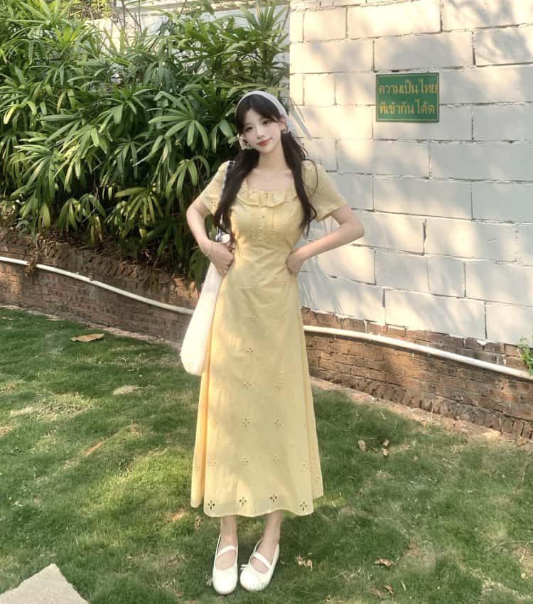 실사 새로운 프랑스식 품격 부드러운 허리 수축 치마 마이크로 지방 mm 슬림해 보이는 연령 감소 광장 칼라 반팔 드레스