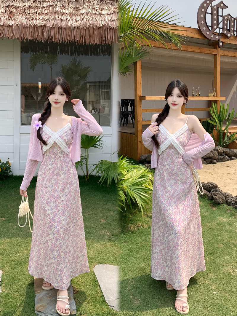 실사 빅 사이즈 마이크로 지방 mm 한국 스타일 V넥 슬립 꽃무늬 여성 드레스 부드러운 품격 휴가 바람 여름 롱 스커트
