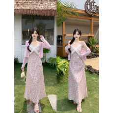 实拍~大码微胖mm韩版v领吊带碎花连衣裙女温柔气质度假风夏长裙