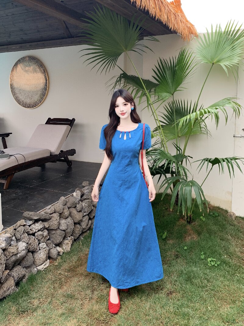 실사 빅 사이즈 지방 mm 홀로우 아웃 아름다운 파란색 여성 드레스 여름 마이크로 지방 슬림해 보이는 치마 빅 사이즈 롱 스커트