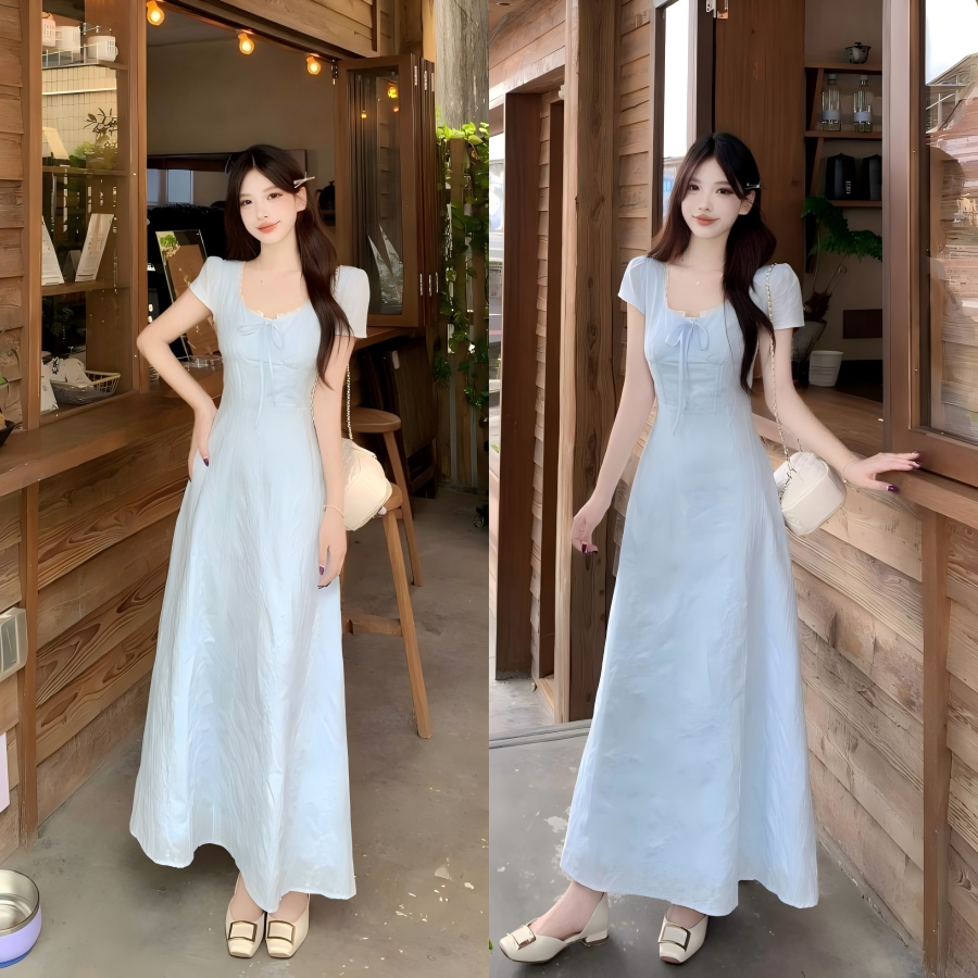 실사 빅 사이즈 지방 mm 부드러운 바람 파란색 반팔 드레스 레이스 조각 프랑스식 품격 허리 수축 길다 치마
