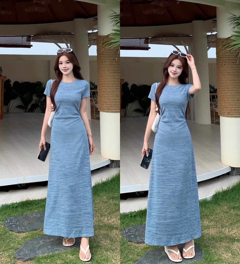 실사 빅 사이즈 마이크로 지방 mm 여름 새로운 디자인 센스 주름 장식 허리 수축 라운드 넥 반팔 슬림해 보이는 캐주얼 드레스