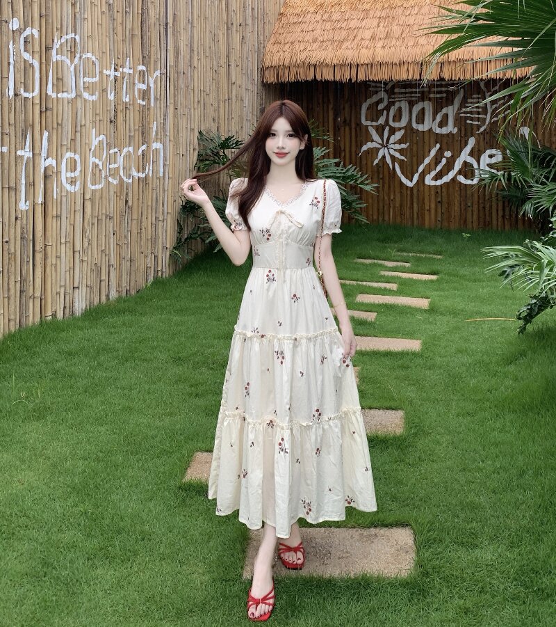 실사 마이크로 지방 빅 사이즈 여성 의류 지방 mm 프랑스식 V넥 반팔 여성 드레스 여름 자이언트 슬림해 보이는 A라인 스커트 치마