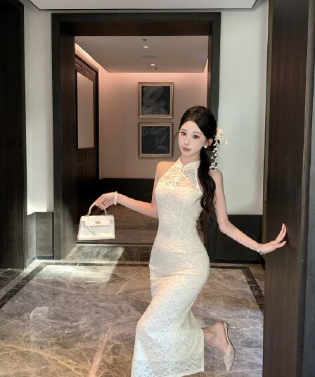 새로운 중식 개선 치파오 여성 여름 행침 목 민소매 레이스 드레스 고급 센스 품격 몸매 가꾸기 패키지 팔 그룹
