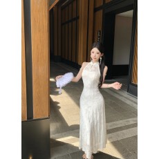 批发实拍新中式国风旗袍夏季挂脖珍珠肩带蕾<b class='q'>丝</b>修身显瘦长款礼服<b class='q'>连衣裙</b>