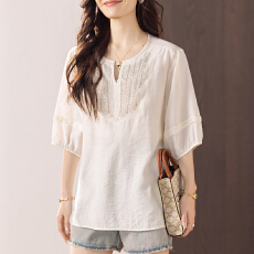 批发限价+12+小视频 杏色重工提花钉珠短袖<b class='q'>衬衫</b>女2026夏季圆领<b class='q'>衬衣</b>夏