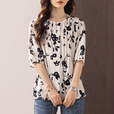 批发限价+12+小视频 七分袖显瘦宽松防晒上衣高级感雪纺印花<b class='q'>衬衫</b>圆领