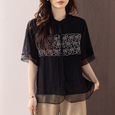 批发限价+12+小视频 2026夏新款设计感时尚休闲减龄重工刺绣短袖雪纺