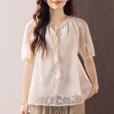 批发限价+12+小视频 2026夏新款刺绣短袖杏色法式高级感系带<b class='q'>衬衫</b>女