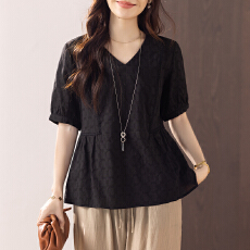 批发限价+12+小视频 黑色提花V领褶皱小衫肌理感暗纹夏季新款短袖<b class='q'>衬衫</b>