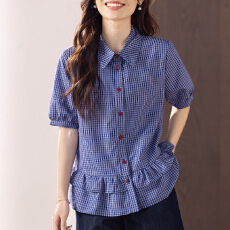 批发限价+12+小视频 2026夏季高级感荷叶边格子<b class='q'>衬衫</b>短袖<b class='q'>衬衣</b>蓝色气质