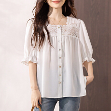 批发限价+12+小视频 法式镂空贝壳扣文艺少女感<b class='q'>衬衫</b>花边优雅方领