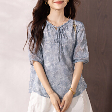 批发限价+12+小视频 2026夏季蓝色短袖度假风印花上衣T恤女<b class='q'>衬衫</b>肌理感