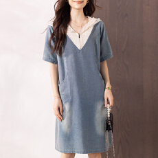 批发限价+12+小视频 2026夏季新款短袖连帽浅色<b class='q'>牛仔</b>裙子<b class='q'>连衣裙</b>女宽松