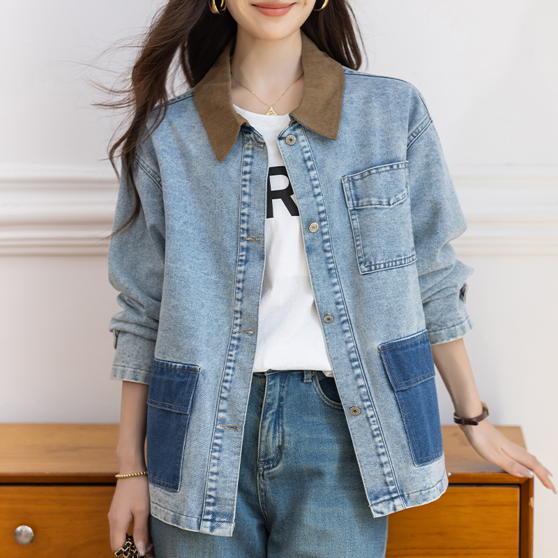 제한 가격 12+ 작은 동영상 가을 새로운 캐주얼 미니멀리즘 폴로 칼라 패치워크 데님 재킷 재킷 맨위 여성